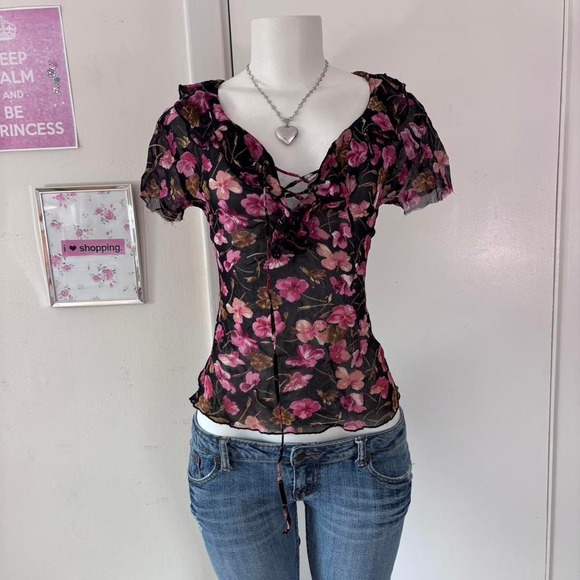 Y2K XOXO Mesh Floral Corset Blouse - Picture 8 of 8